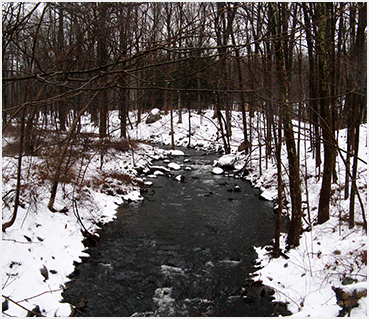 Snow and stream.